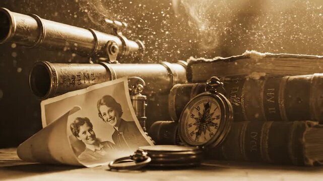 Vintage Desk with Telescope Old Books Globe and Photographs.