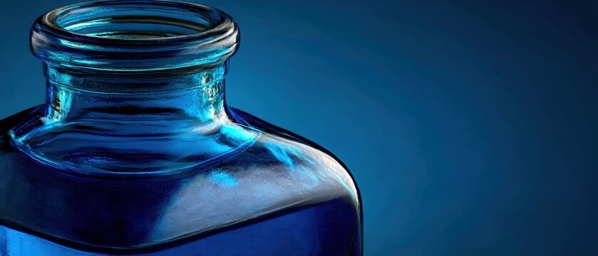 Blue glass bottle filled with solarized water, glowing under soft light. A minimalist concept of purity, energy and holistic wellness, evoking calm, balance and natural healing.