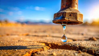 Naklejka premium FlyPro_Firefly captured image of a rusty water tap dripping a single, precious drop onto cracked, dusty ground under dramatic low-angle lighting.