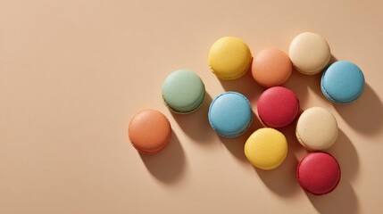 Obraz premium Assorted Colorful Macarons on a Soft Background Ideal for Culinary and Dessert-Themed Projects, Perfectly Composed for Delicious Visual Appeal