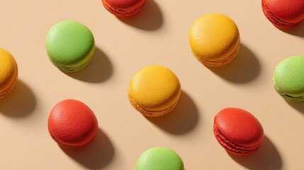 Obraz premium Colorful assorted macarons in vibrant hues of red, green, yellow, and orange scattered on a textured surface creating a delightful and whimsical dessert arrangement
