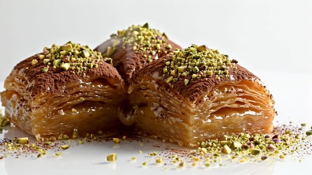 Sweet baklava dessert with pistachios, cocoa powder, and syrup