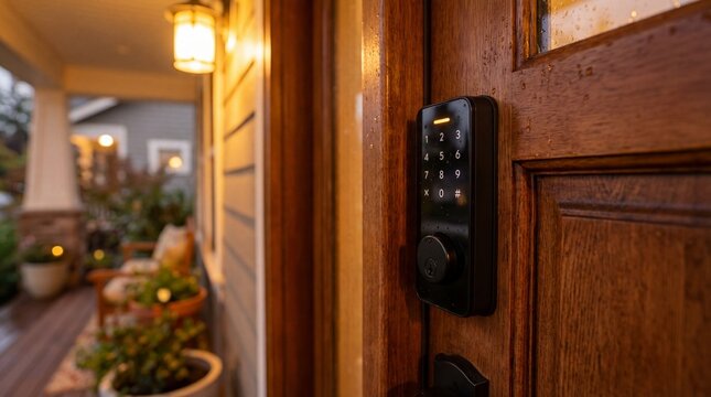 A modern, secure wooden door with a digital keypad entry system. Close up view focusing on the sophisticated security.  