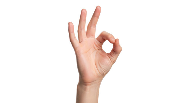 Isolated hand shows okay gesture, symbolizes approval, agreement, quality, hand signal