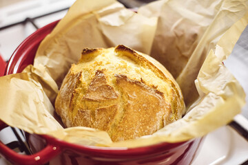 Golden sourdough bread with cracked crust in red ceramic Dutch oven, lined with parchment paper. Perfect for culinary, baking, and food photography projects.