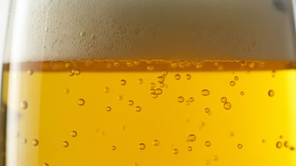 Golden amber beverage bubbling in clear glass