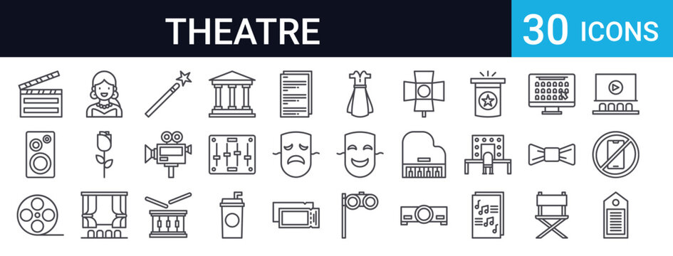 Collection of 30 thin line theatre and entertainment icons including masks, tickets, spotlight, director chair, cinema, stage equipment, and performing arts symbols.