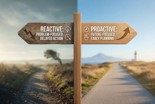 Visualizing decision making pathways with reactive and proactive choices depicting problem focus versus future focus in a serene landscape setting expressing strategic planning
