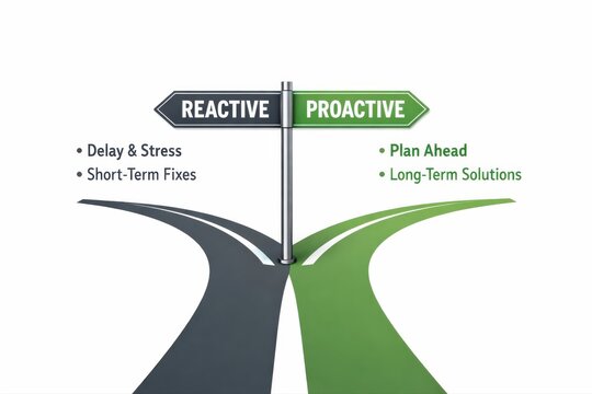 Decision making crossroads illustrating reactive strategies versus proactive solutions emphasizing long term planning and stress management in strategic workflows and personal development