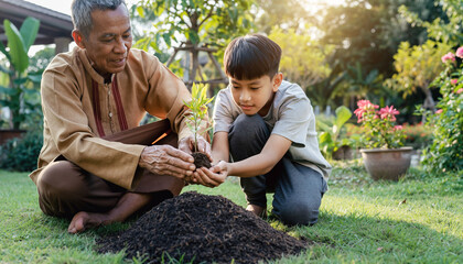 An elderly man and a boy planting a seedling outdoors.