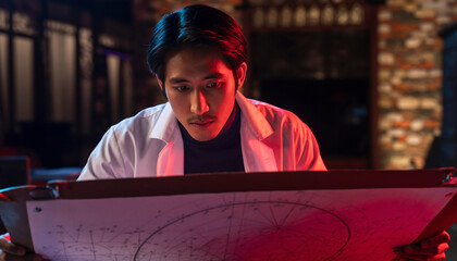 A man examining a large diagram or blueprint in a dimly lit room.