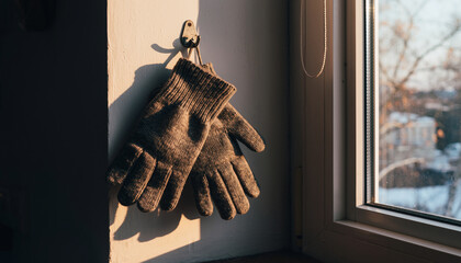 A pair of brown gloves hanging on a wall near a window.