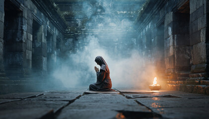 A person kneeling in prayer amidst mist and ancient stone structures.