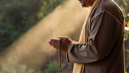 A person praying outdoors with sunlight shining through trees.