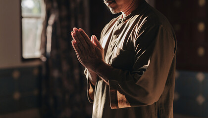 A person praying with hands clasped in a dimly lit room.
