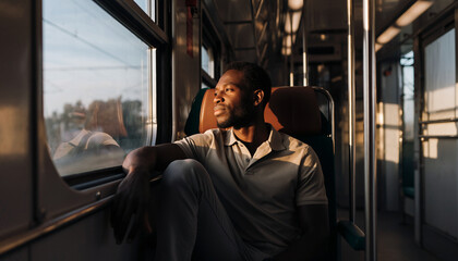 A man sitting alone on a bus, gazing out the window at sunset.