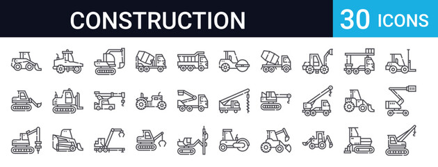 Obraz premium 30 thin line construction vehicle icons including excavator, crane, forklift, dump truck, cement mixer, loader, roller. Perfect for industrial, warehouse, and building projects.
