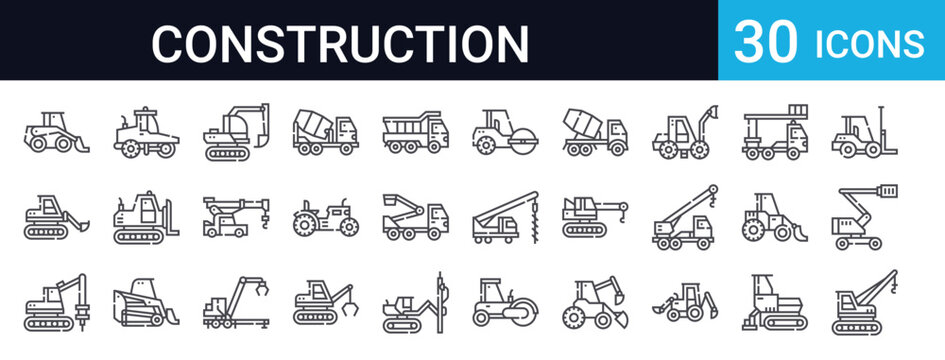 30 thin line construction vehicle icons including excavator, crane, forklift, dump truck, cement mixer, loader, roller. Perfect for industrial, warehouse, and building projects.