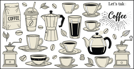 Fototapeta premium Lets Take Coffee Doodle Set with Cups, Moka Pot, Grinder, Beans and Beverage Elements Line Art Illustration for Cafe Menu Design
