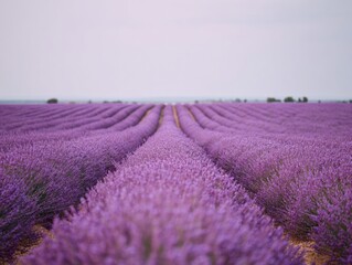 Obraz premium Lavender field at sunset with endless purple rows