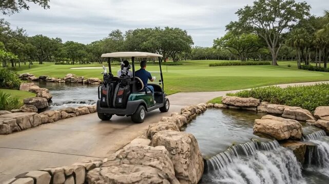 A golf cart navigates a bridge over a small waterfall on a tropical golf course
