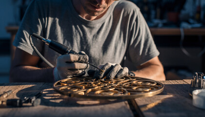 A person working on a circular metallic object with a handheld tool.
