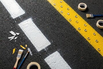 Fototapeta premium Roadway restoration tools emphasizing precision craftsmanship and urban renewal with vibrant yellow and white paint using brushes and tape on a creative asphalt canvas