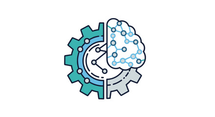 Obraz premium A detailed illustration shows a mechanical gear connected to a human brain with circuit patterns symbolizing artificial intelligence, Generative AI.