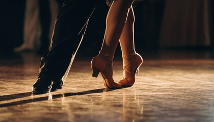 Close-up of a couple dancing, focusing on their feet and dance floor.