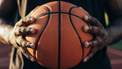 Person holding a basketball on an outdoor court.
