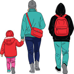 Mother walking with children rear view vector illustration isolated on white background family lifestyle concept