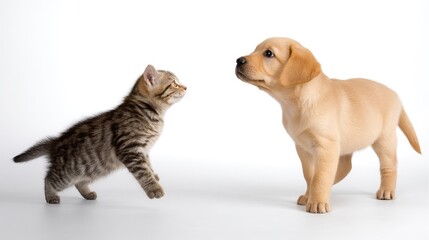 Obraz premium Cute kitten and puppy gaze at each other in a playful and friendly encounter with a white background showcasing their adorable expressions