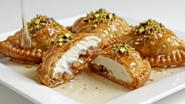 Sweet pastries with pistachio, cream, and nuts drizzled with honey