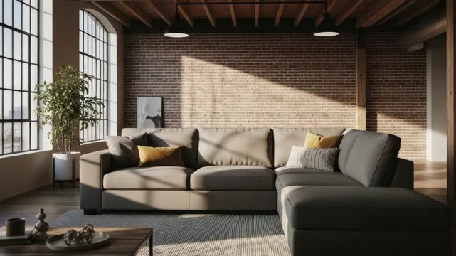 Living room interior with large sofa and brick wall