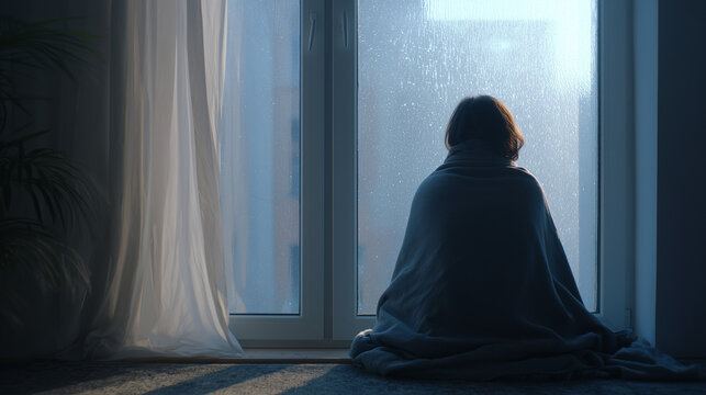 lonely person wrapped in a blanket sitting by window on rainy day, pensive figure looking at raindrops on glass in dim room, solitude and melancholy atmosphere indoors during rain