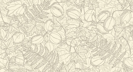 Abstract illustration of various leaves and foliage against a neutral background