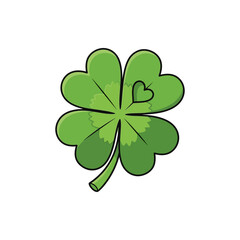 Fototapeta premium A cartoon illustration of a vibrant green four-leaf clover with a small heart detail on one of its leaves, symbolizing luck and love.