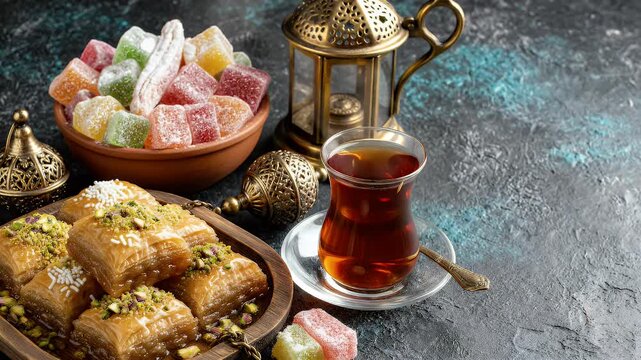 Sweet Turkish baklava, lokum and tea with traditional d&eacute;cor