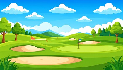 Obraz premium Cartoon golf course with rolling green hills, sand traps, trees, and a bright blue sky with fluffy clouds
