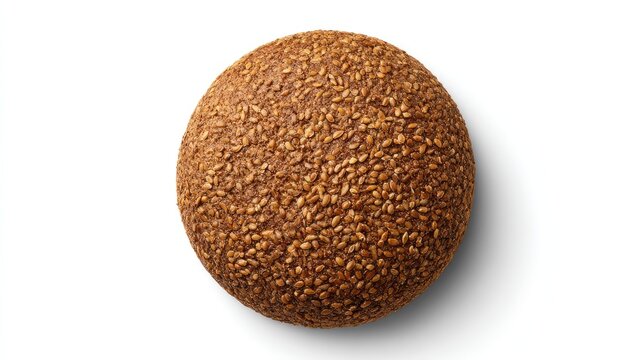 Round brown cookie covered in sesame seeds on a white background, showcasing a delicious and crispy texture ideal for food photography and culinary projects