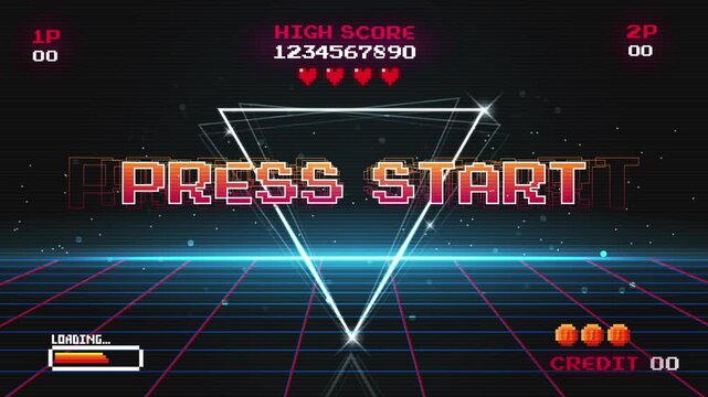 PRESS START INSERT A COIN TO CONTINUE .pixel art .8 bit game.retro game. for game assets in vector illustrations.Retro Futurism Sci-Fi Background. glowing neon grid.and stars from vintage arcade comp