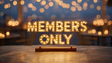 members only sign on a table in a bar decorated with lights
