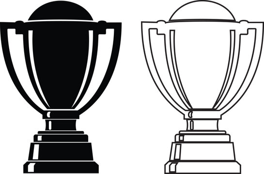 Cricket trophy award icon set, championship winner cup symbol for professional sport tournament and league victory design in solid and outline style vector isolated on transparent background