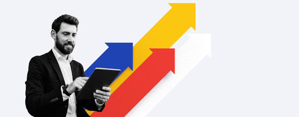 A man is using a tablet while standing. Different arrows point upwards in various colors. This...