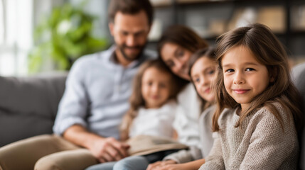 Fototapeta premium Family at home on couch faceless, parent playing with kids, domestic joy, family bonding, defocused interior, with copy space