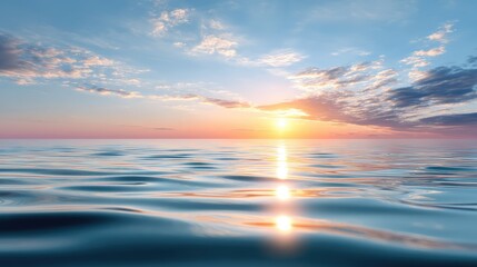 Fototapeta premium Serene Sunrise Over Calm Ocean Waters with Beautiful Sky Reflections and Gentle Waves Creating a Tranquil Seascape for Relaxation and Inspiration