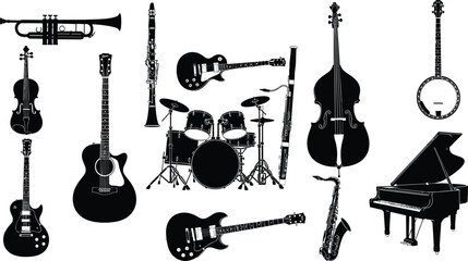 Black vector silhouette set of diverse musical instruments including acoustic and electric guitars drums piano violin trumpet saxophone and clarinet for music branding © MostArjuma