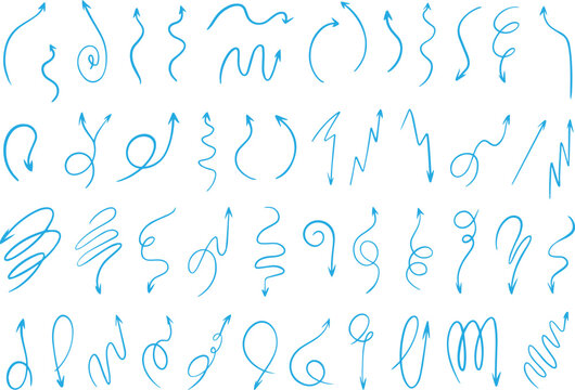 Set of hand drawn blue arrow doodles featuring various wavy curly and zigzag shapes vector illustration