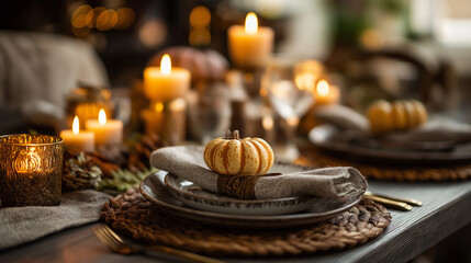 Fototapeta premium Festive autumn dining table arrangement perfect for Thanksgiving marketing and seasonal themes.