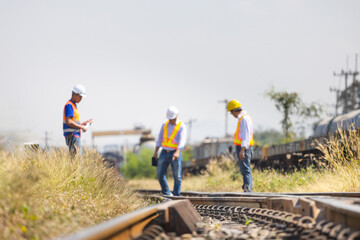 Close-up of railway tracks with a team of blurred engineers performing a safety inspection and maintenance check in the background, Professional civil engineers surveying a train track site